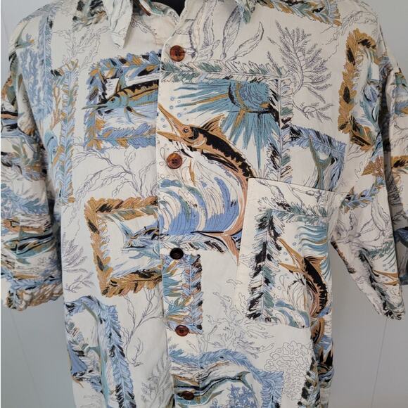 VTG Straight Down Hawaiian Shirt Fish Print Men’s L USA Made Tropical EUC - Picture 3 of 7
